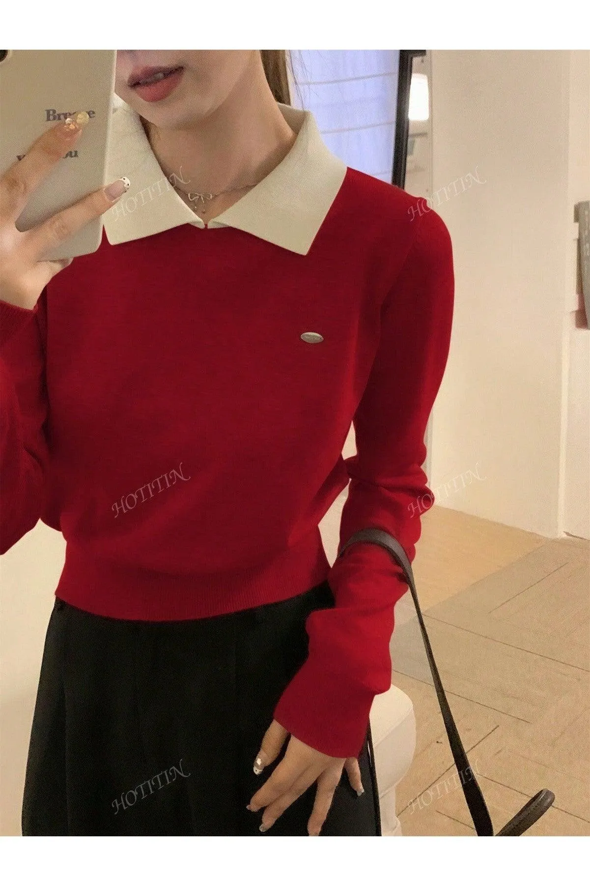 Korean Polo Collar Autumn/Winter New Short Top, Thin Top, Contrasting Color, Long Sleeved Women's Sweater