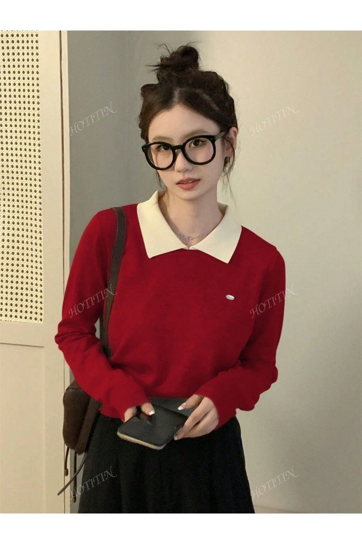 Korean Polo Collar Autumn/Winter New Short Top, Thin Top, Contrasting Color, Long Sleeved Women's Sweater