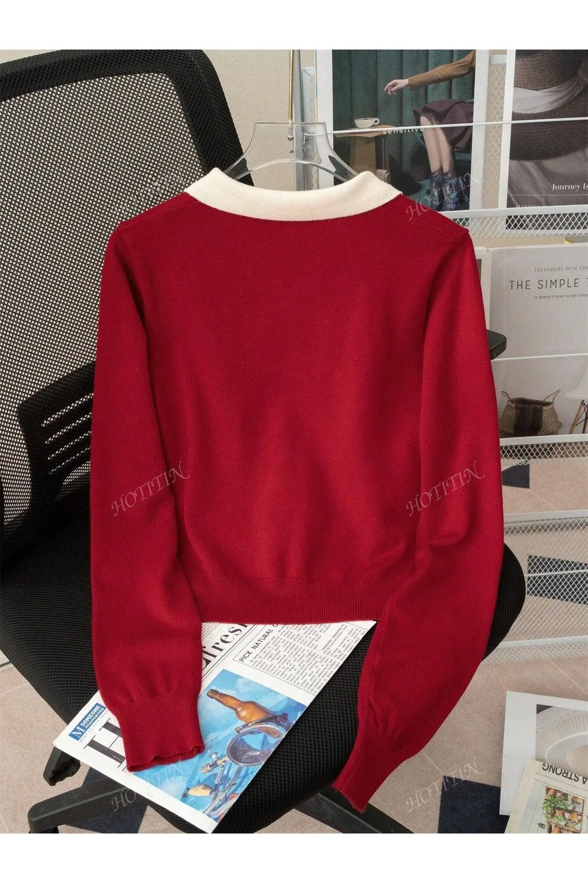 Korean Polo Collar Autumn/Winter New Short Top, Thin Top, Contrasting Color, Long Sleeved Women's Sweater