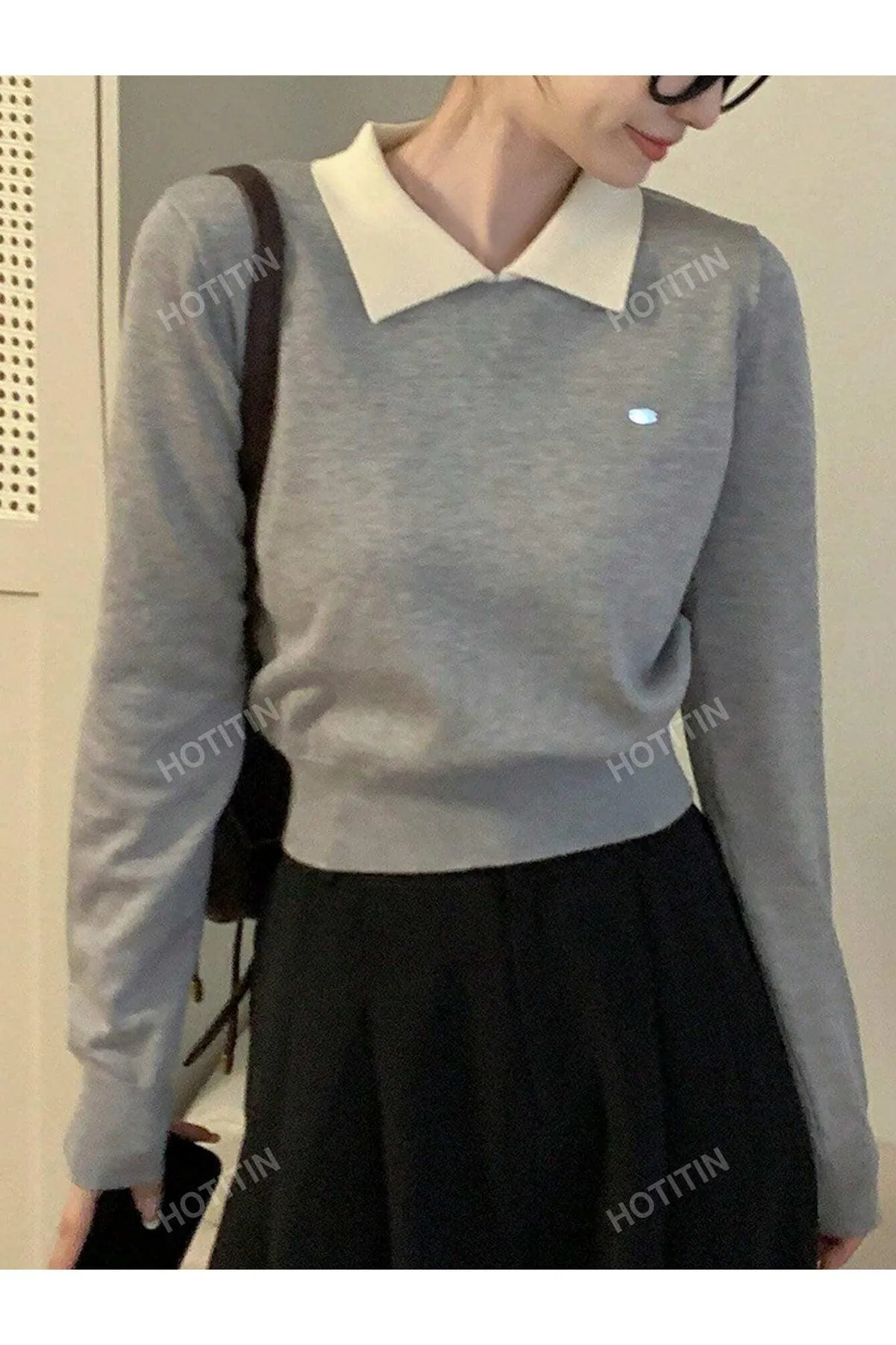 Korean Polo Collar Autumn/Winter New Short Top, Thin Top, Contrasting Color, Long Sleeved Women's Sweater