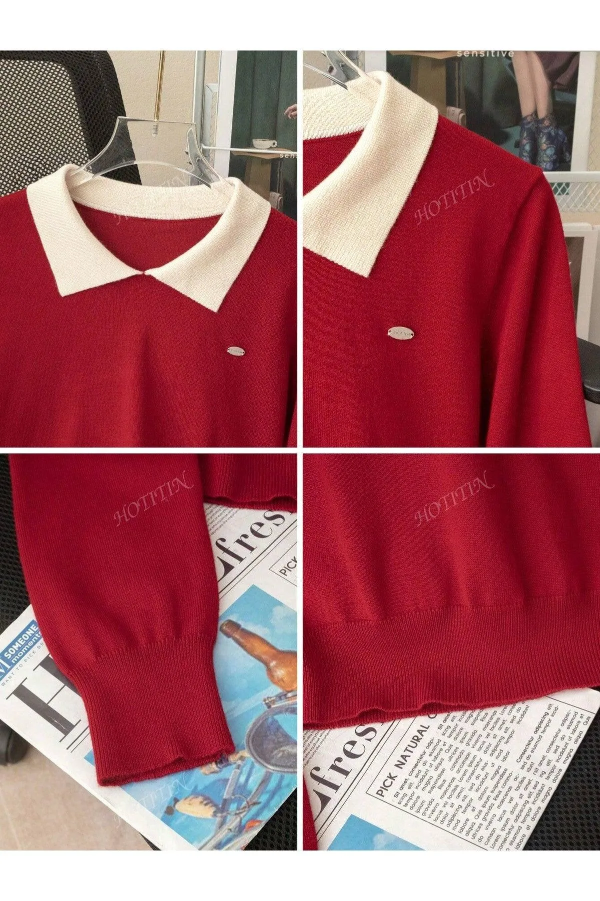 Korean Polo Collar Autumn/Winter New Short Top, Thin Top, Contrasting Color, Long Sleeved Women's Sweater