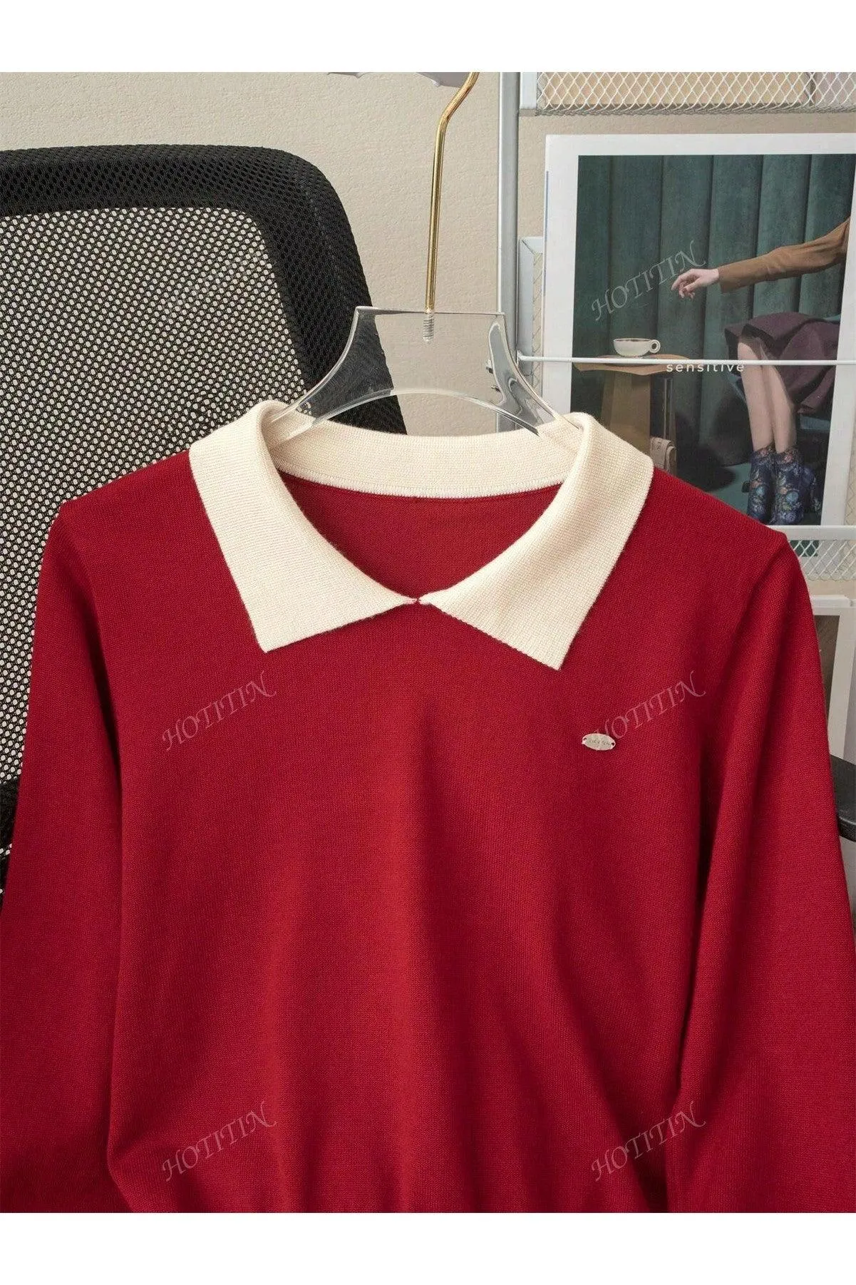 Korean Polo Collar Autumn/Winter New Short Top, Thin Top, Contrasting Color, Long Sleeved Women's Sweater
