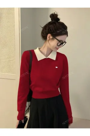 Korean Polo Collar Autumn/Winter New Short Top, Thin Top, Contrasting Color, Long Sleeved Women's Sweater
