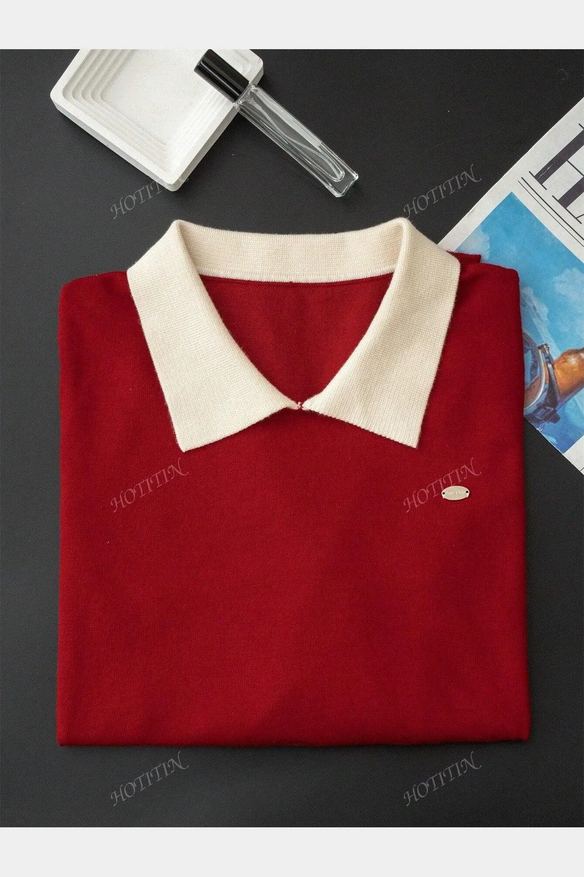 Korean Polo Collar Autumn/Winter New Short Top, Thin Top, Contrasting Color, Long Sleeved Women's Sweater