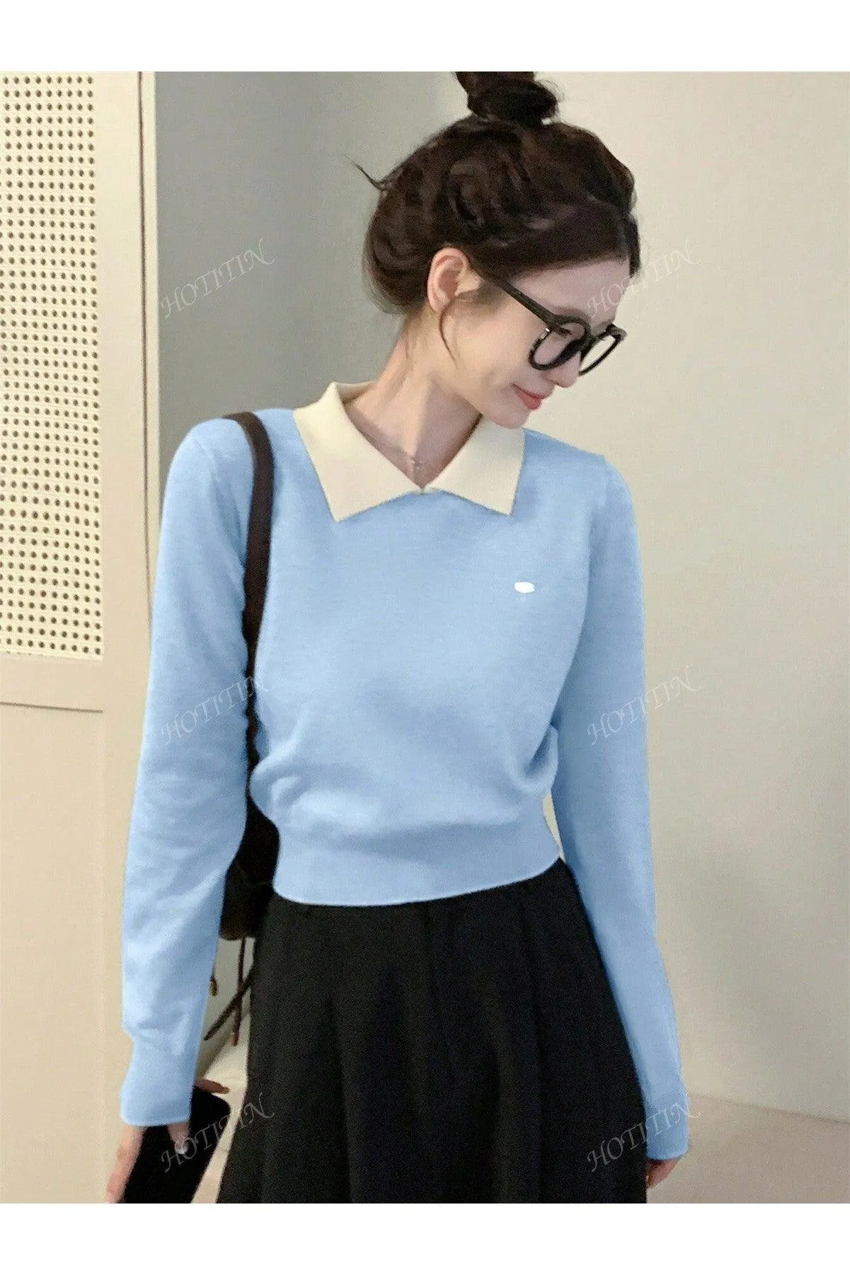 Korean Polo Collar Autumn/Winter New Short Top, Thin Top, Contrasting Color, Long Sleeved Women's Sweater