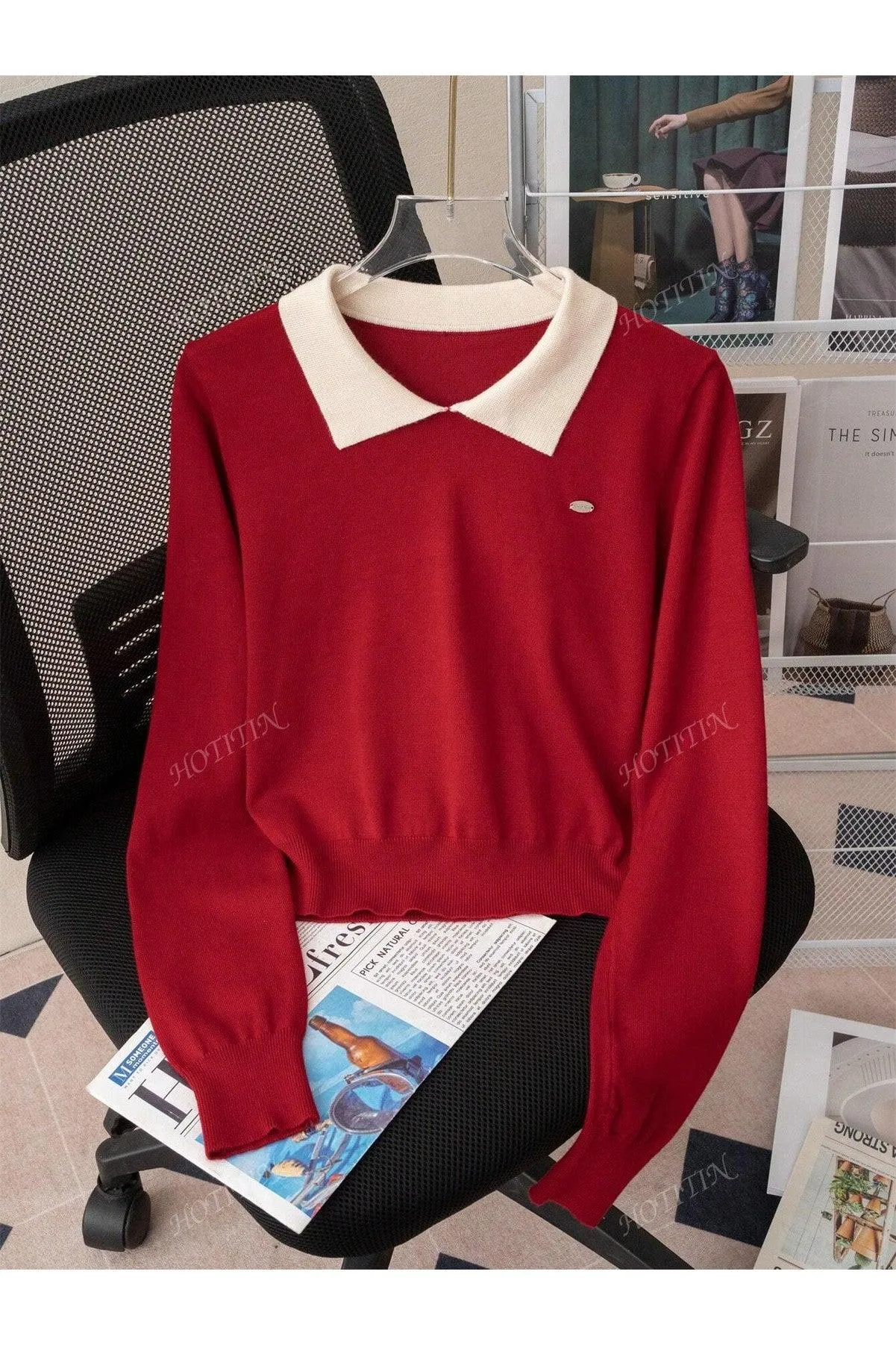 Korean Polo Collar Autumn/Winter New Short Top, Thin Top, Contrasting Color, Long Sleeved Women's Sweater