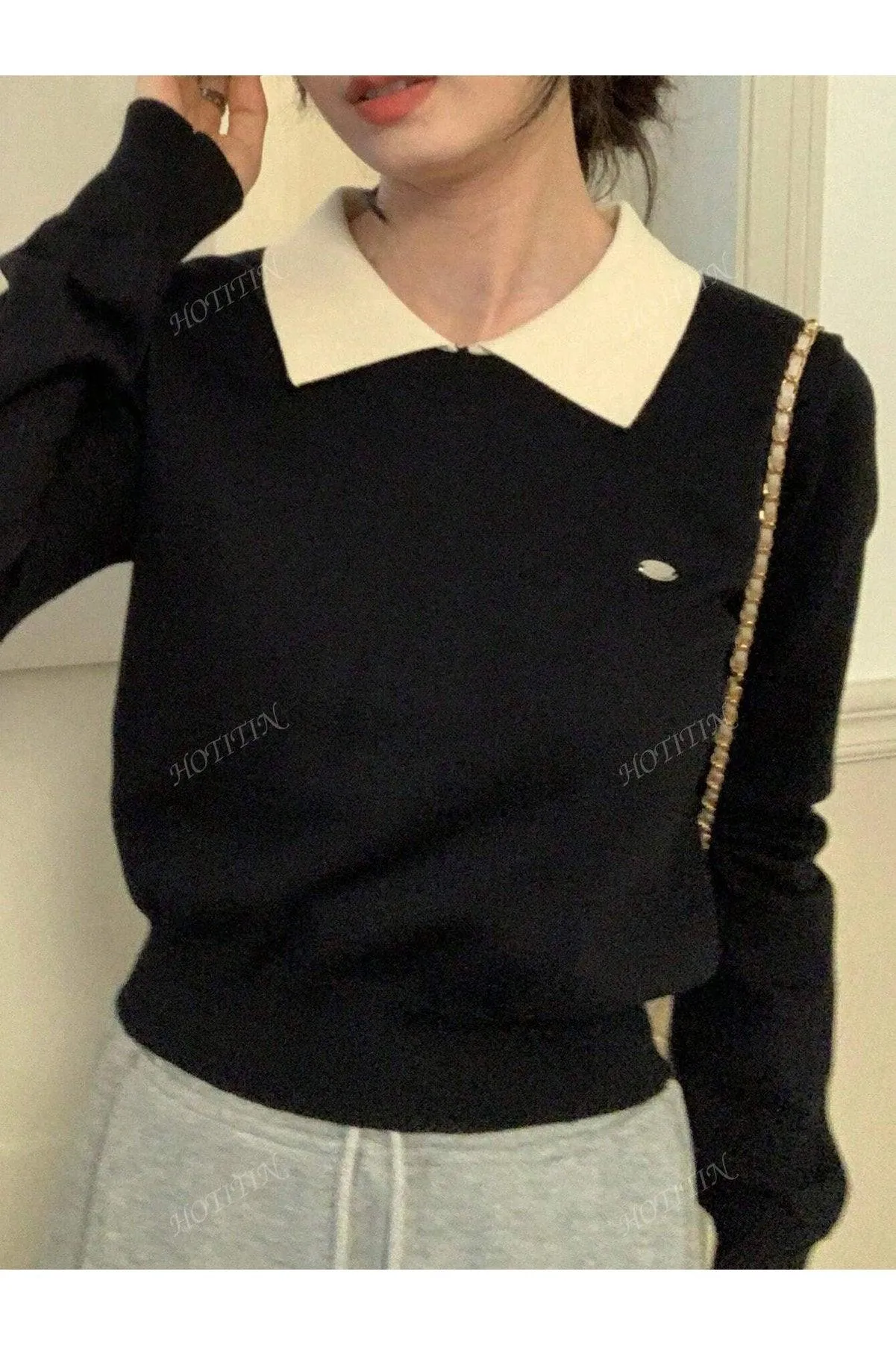 Korean Polo Collar Autumn/Winter New Short Top, Thin Top, Contrasting Color, Long Sleeved Women's Sweater
