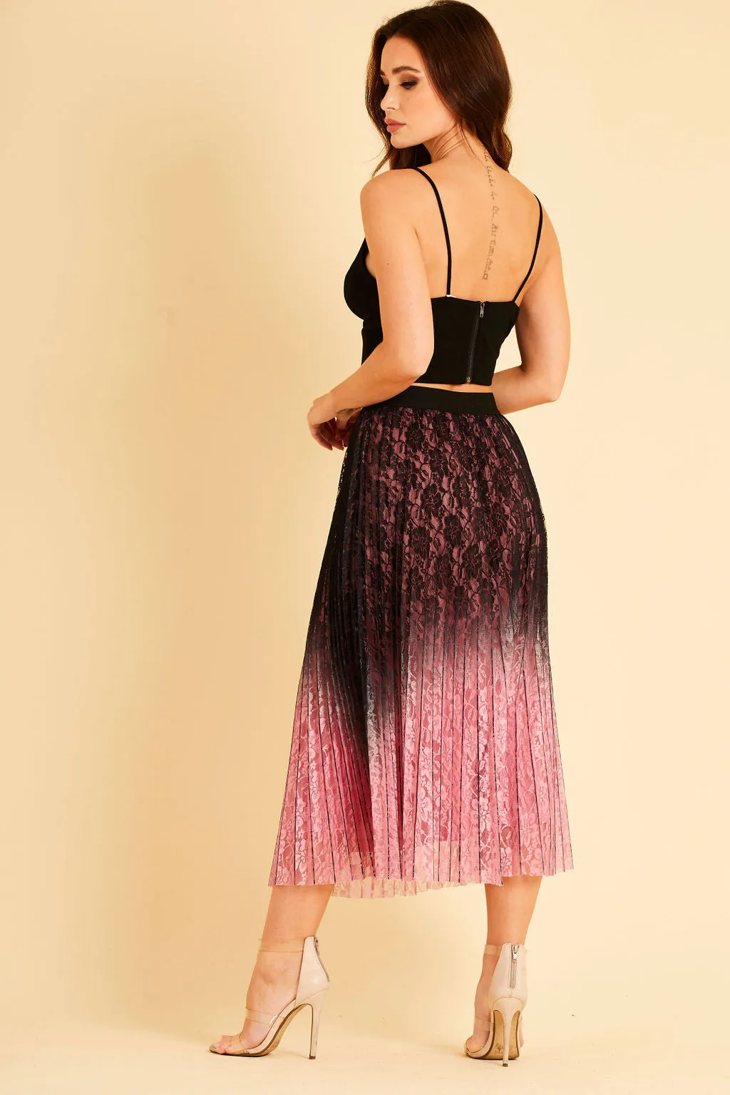 Lace Embroidered Pink and Black Pleated Midi Skirt