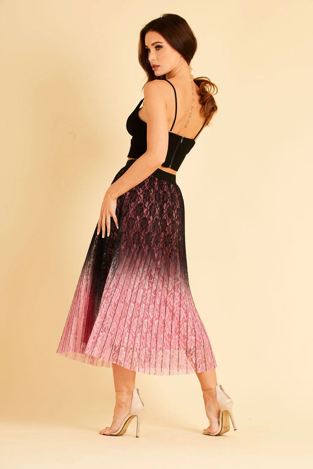 Lace Embroidered Pink and Black Pleated Midi Skirt