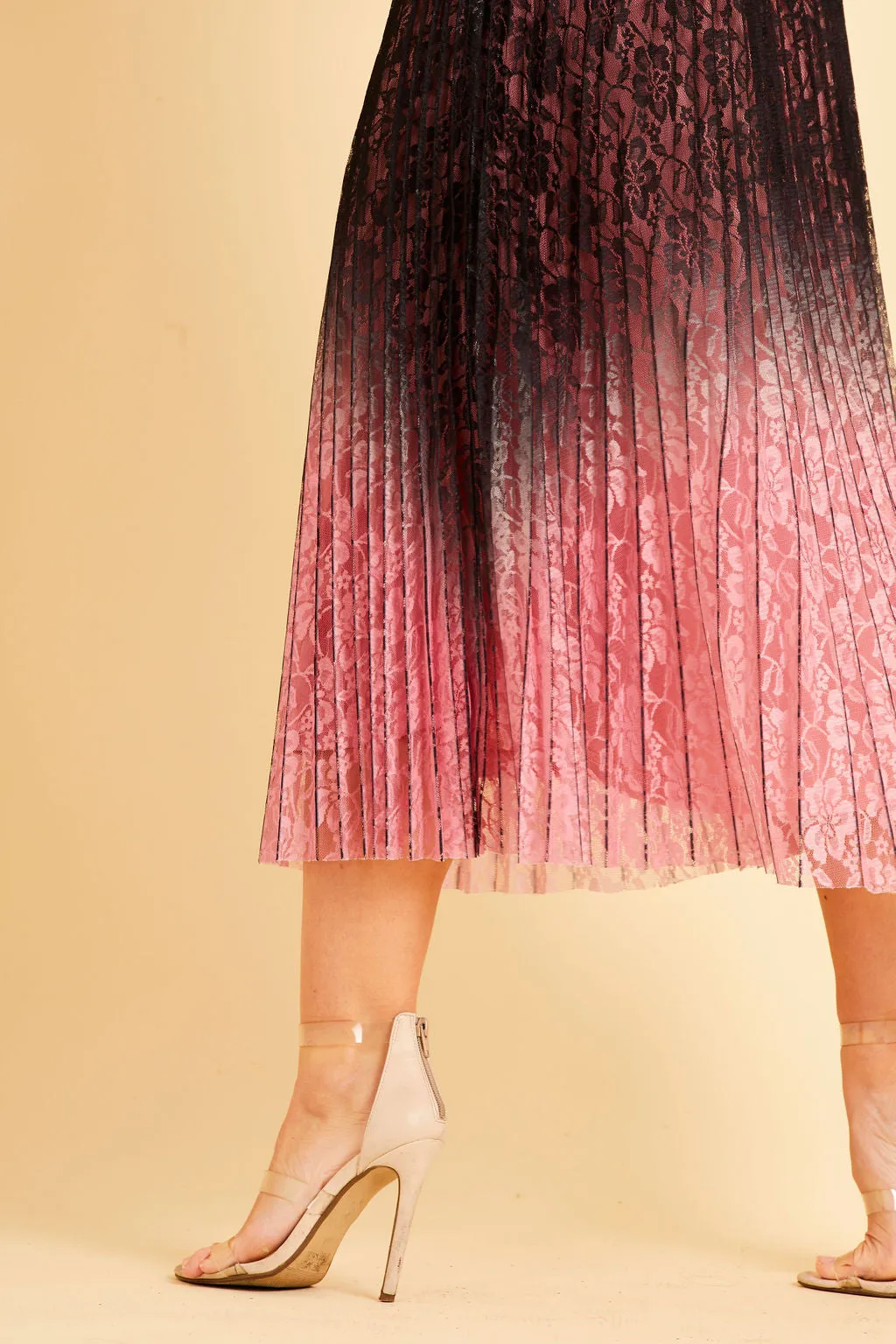 Lace Embroidered Pink and Black Pleated Midi Skirt