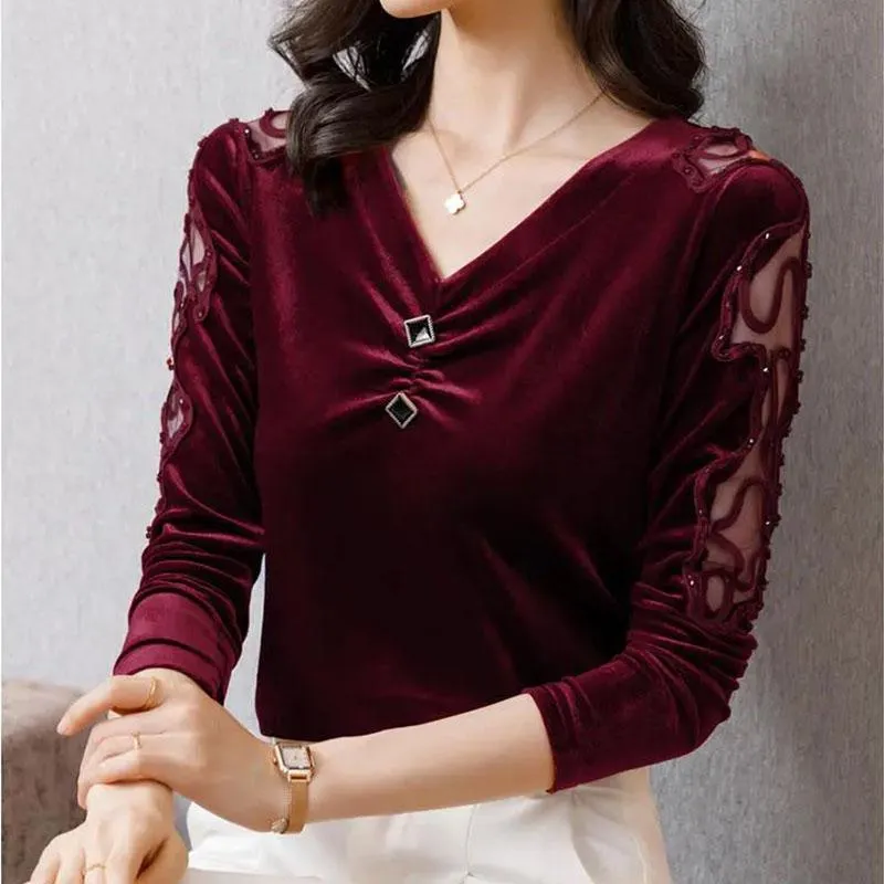 Ladies Blouse Pleuche Top Women's Autumn and Spring Lace Hollow out V-neck Long Sleeve Pullover