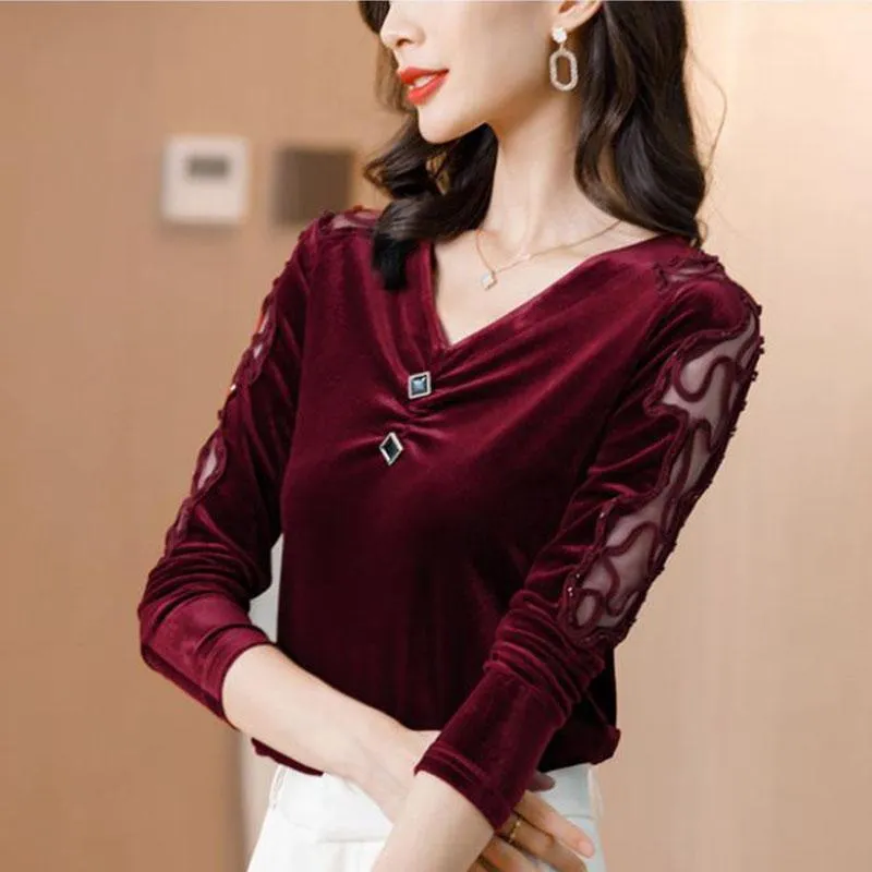 Ladies Blouse Pleuche Top Women's Autumn and Spring Lace Hollow out V-neck Long Sleeve Pullover