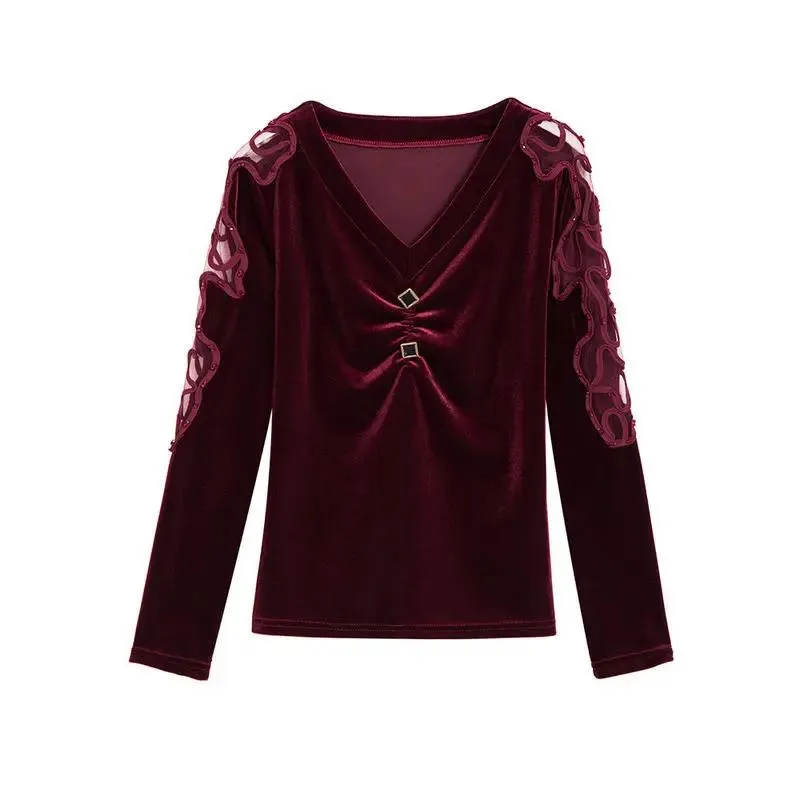 Ladies Blouse Pleuche Top Women's Autumn and Spring Lace Hollow out V-neck Long Sleeve Pullover