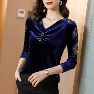Ladies Blouse Pleuche Top Women's Autumn and Spring Lace Hollow out V-neck Long Sleeve Pullover