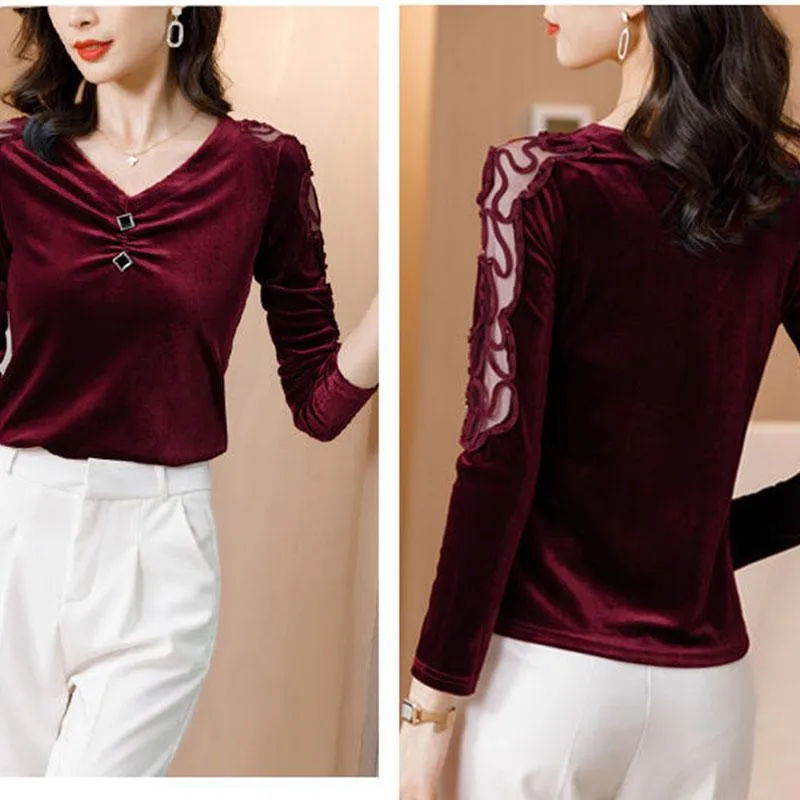 Ladies Blouse Pleuche Top Women's Autumn and Spring Lace Hollow out V-neck Long Sleeve Pullover