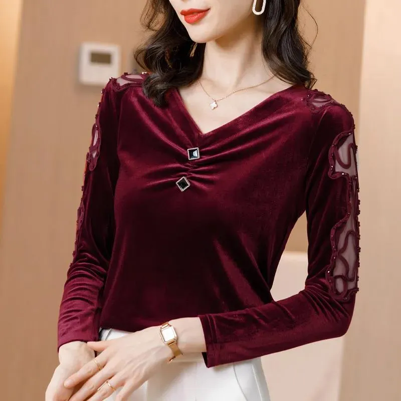 Ladies Blouse Pleuche Top Women's Autumn and Spring Lace Hollow out V-neck Long Sleeve Pullover