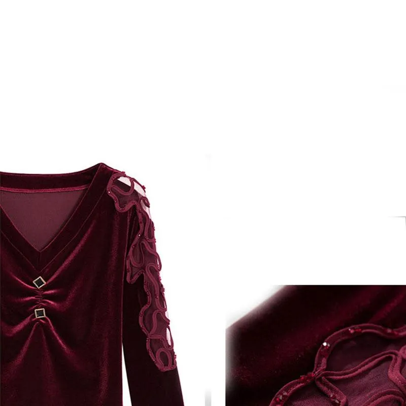 Ladies Blouse Pleuche Top Women's Autumn and Spring Lace Hollow out V-neck Long Sleeve Pullover