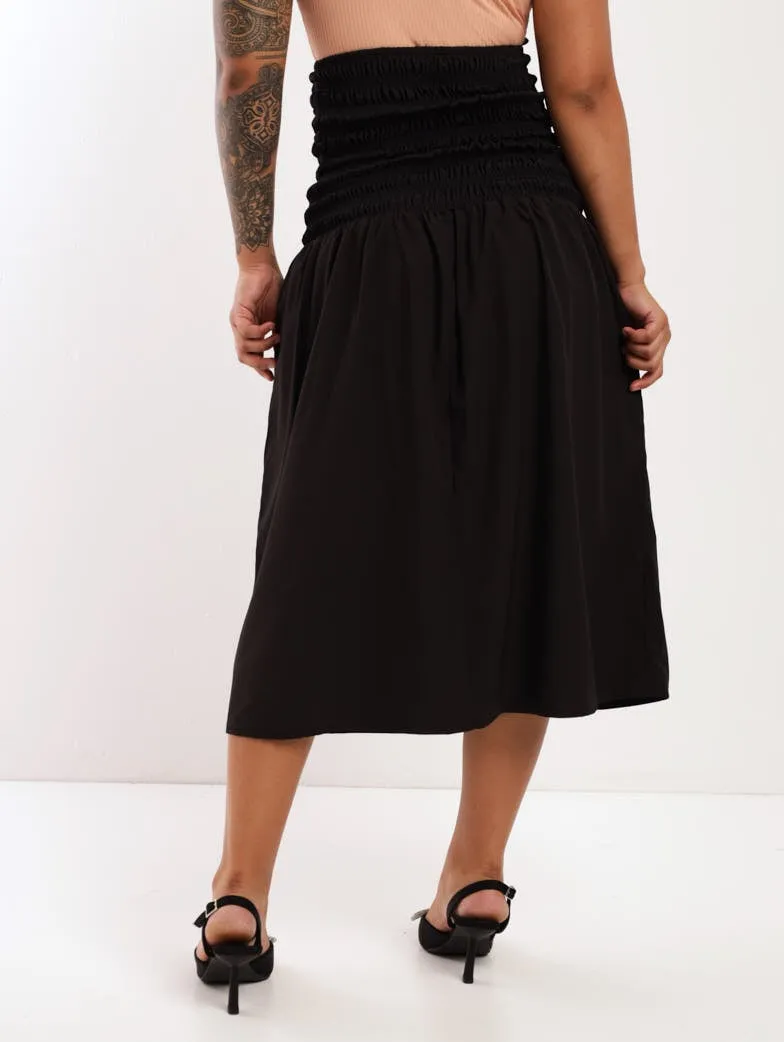 Ladies Smocked Midi Skirt - Black
