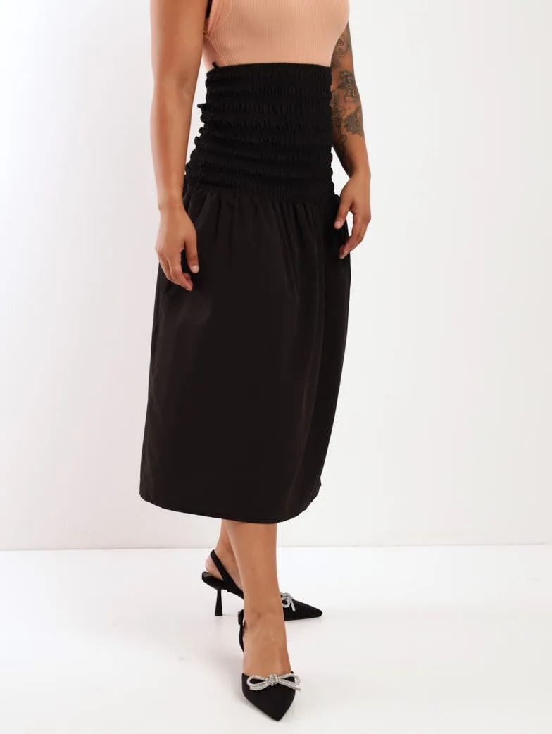 Ladies Smocked Midi Skirt - Black