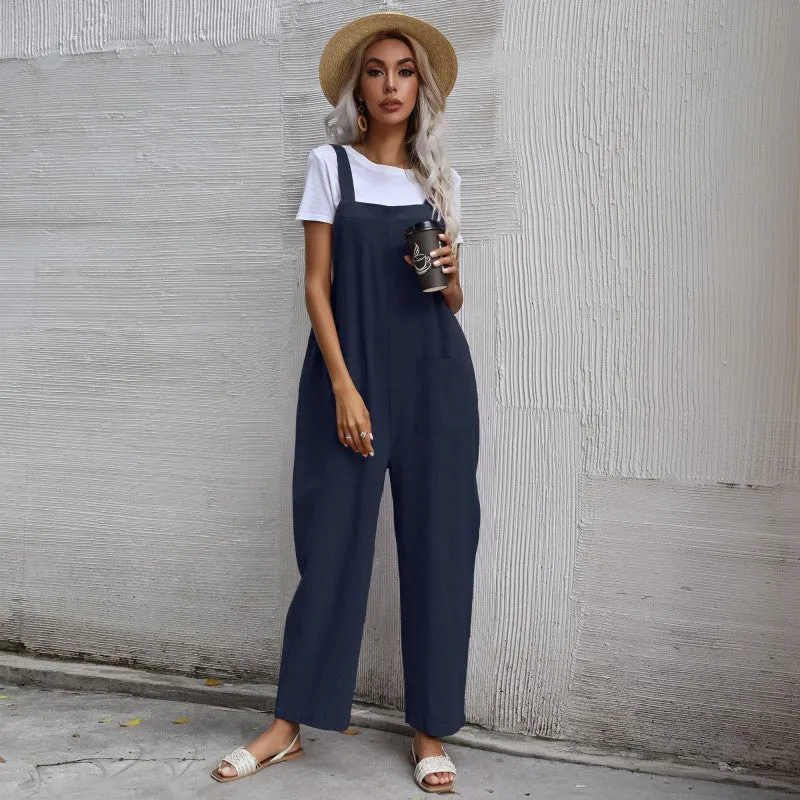 Lazy Style Solid Color Sleeveless Overalls