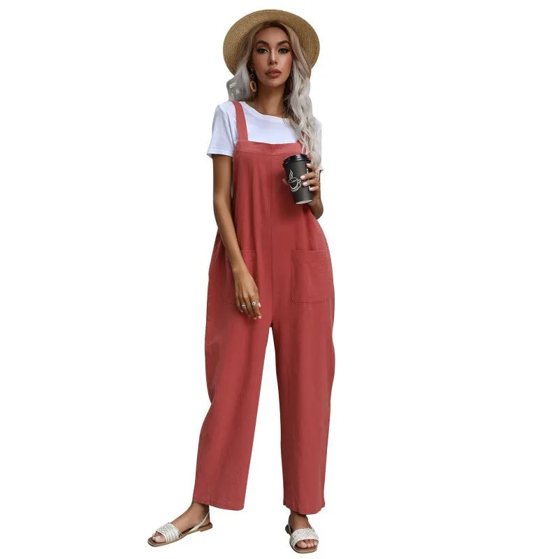 Lazy Style Solid Color Sleeveless Overalls