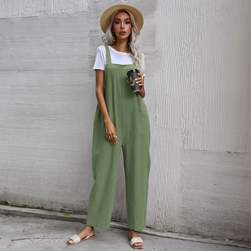 Lazy Style Solid Color Sleeveless Overalls