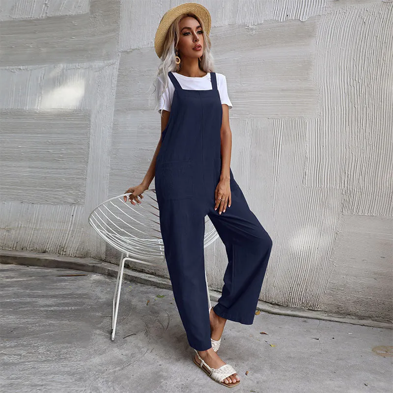 Lazy Style Solid Color Sleeveless Overalls