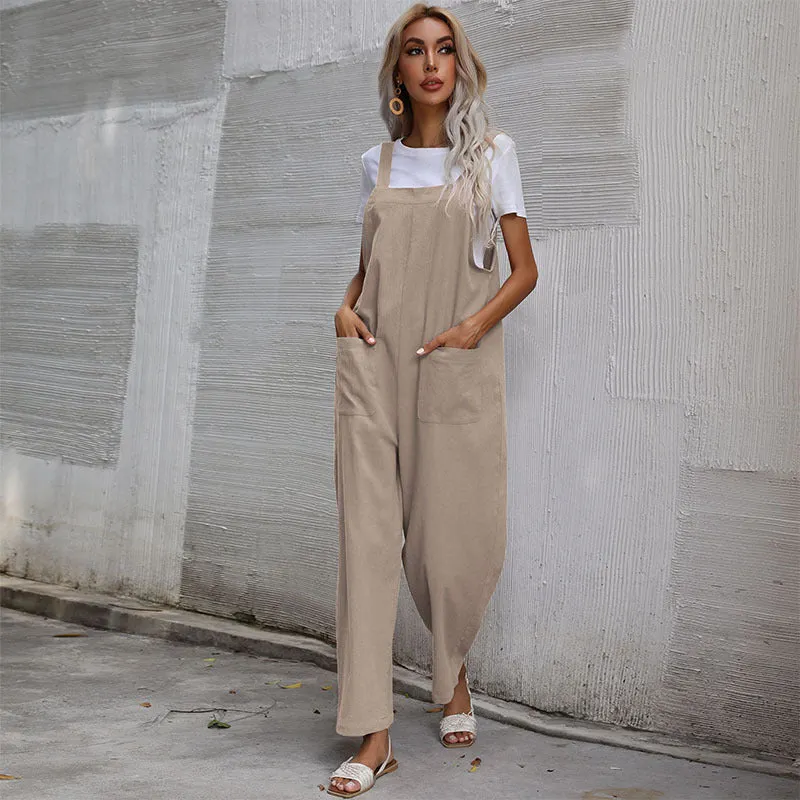 Lazy Style Solid Color Sleeveless Overalls