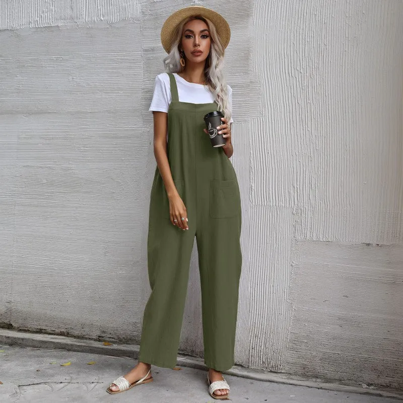 Lazy Style Solid Color Sleeveless Overalls