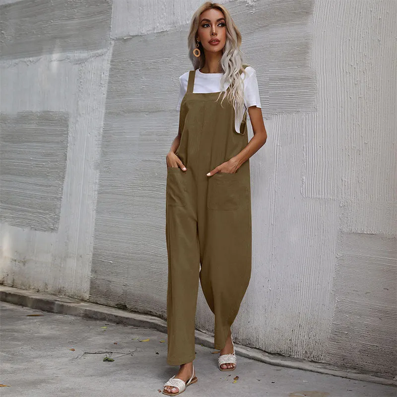 Lazy Style Solid Color Sleeveless Overalls