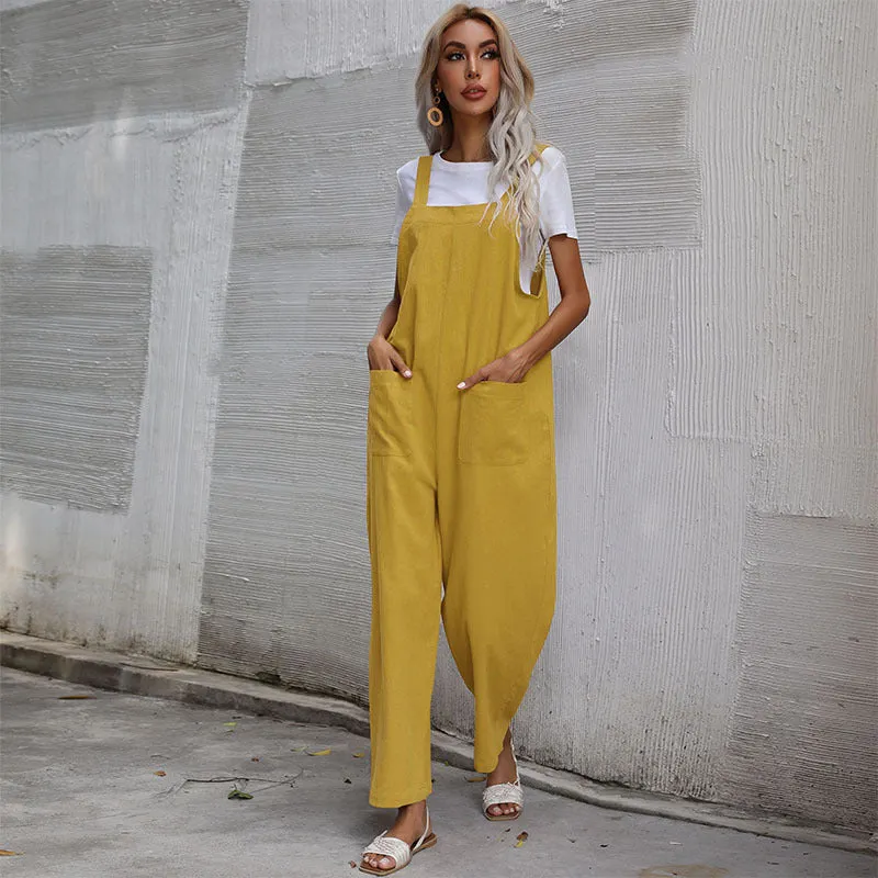 Lazy Style Solid Color Sleeveless Overalls