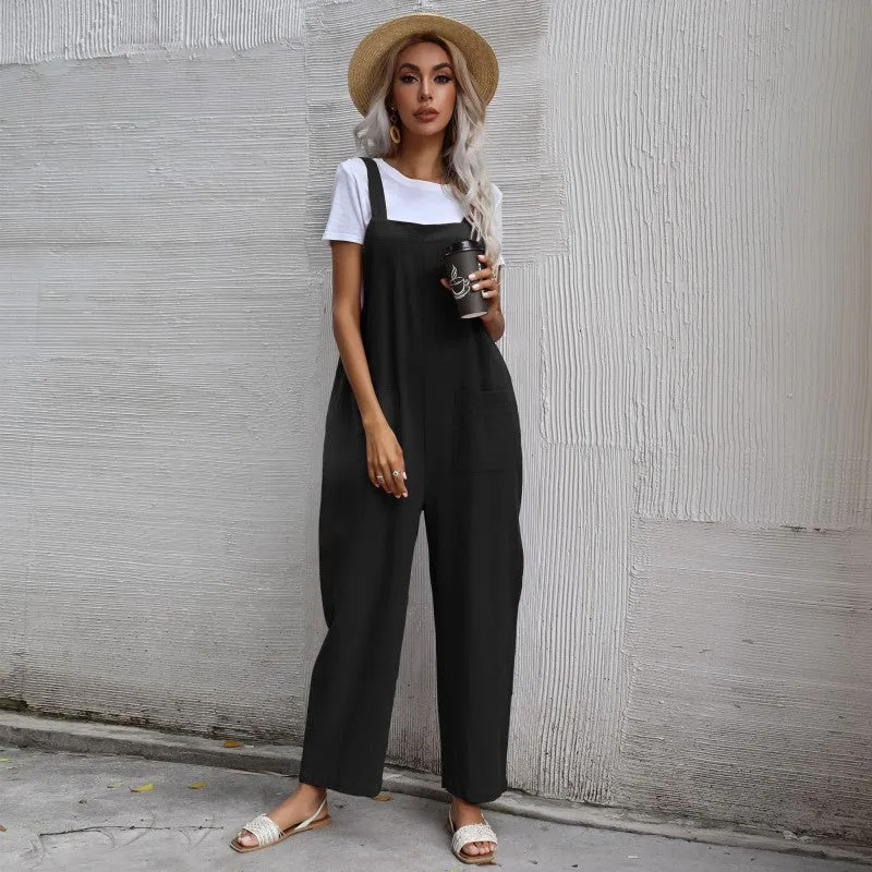 Lazy Style Solid Color Sleeveless Overalls