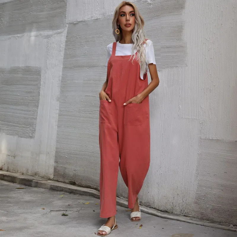 Lazy Style Solid Color Sleeveless Overalls