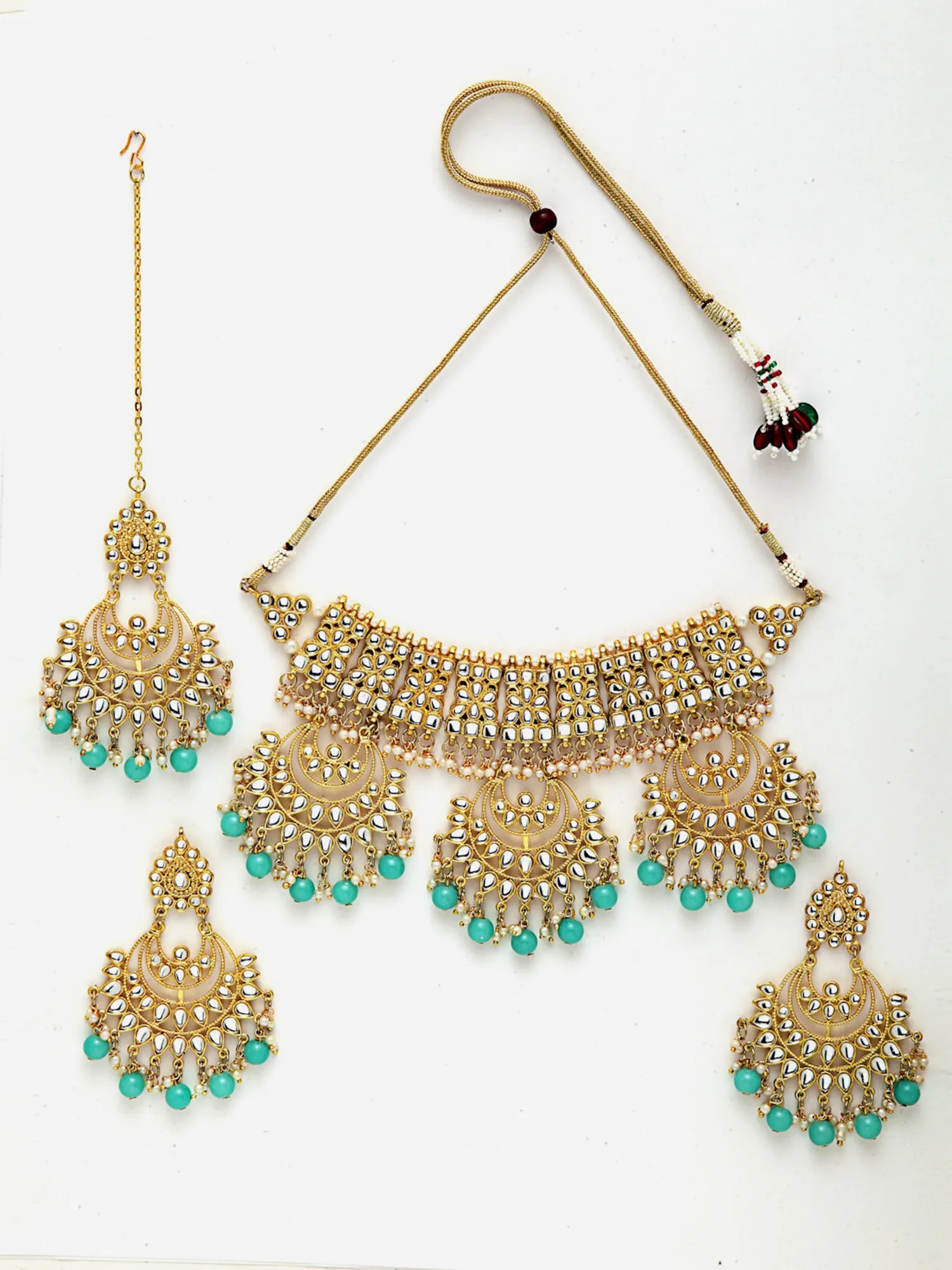 Light Blue Beads Gold-Toned Kundan Studded Bridal Choker Necklace Set