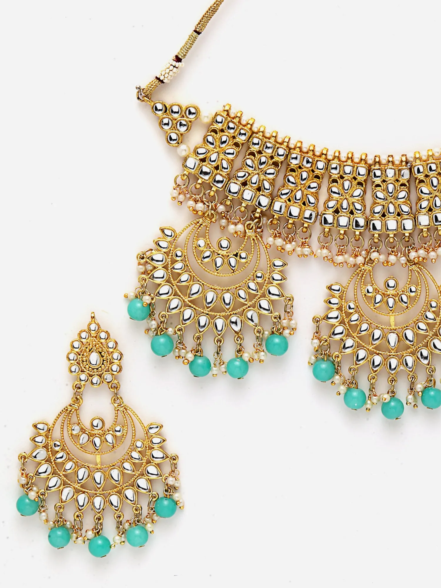 Light Blue Beads Gold-Toned Kundan Studded Bridal Choker Necklace Set