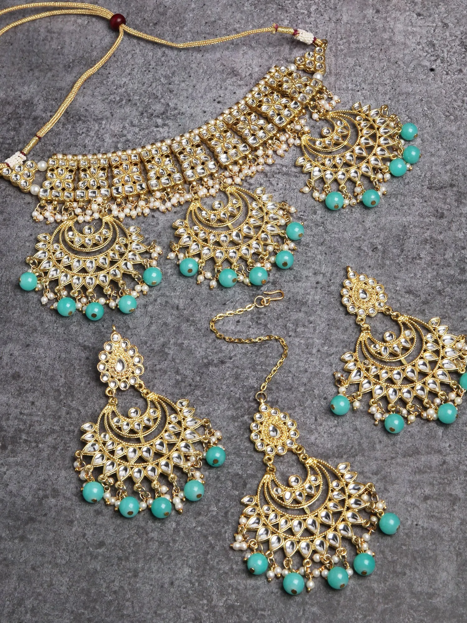 Light Blue Beads Gold-Toned Kundan Studded Bridal Choker Necklace Set