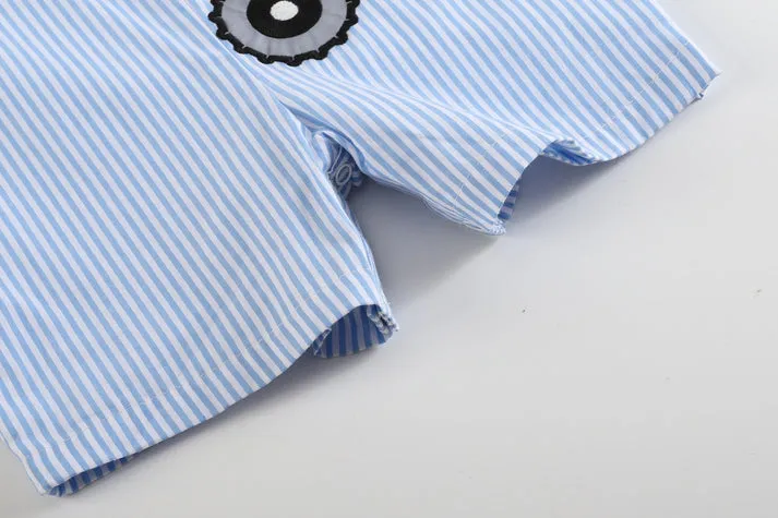 Light Blue Pinstripe Tractor Applique Overalls
