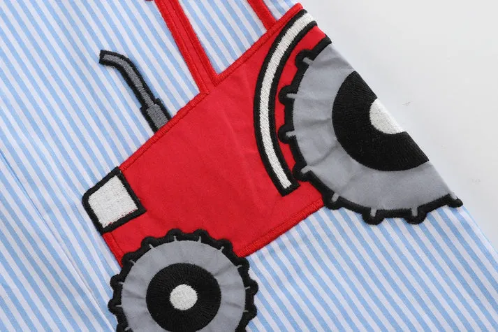 Light Blue Pinstripe Tractor Applique Overalls