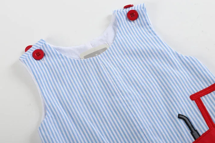 Light Blue Pinstripe Tractor Applique Overalls