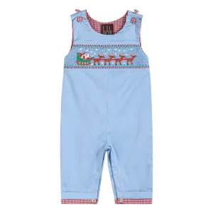 Light Blue Smocked Santa and Sleigh Overalls