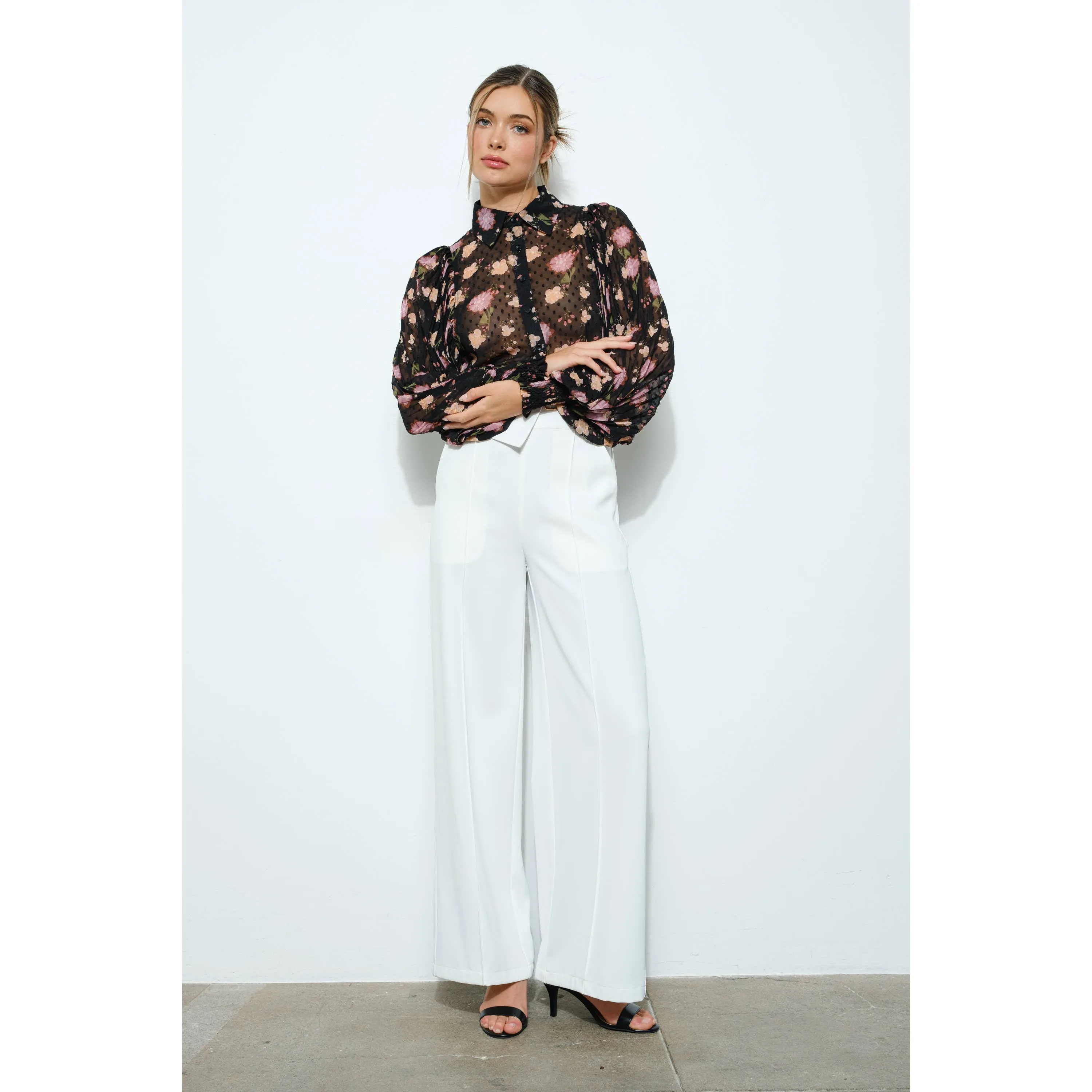 Long Pleated Sleeve Floral print Blouse Top
