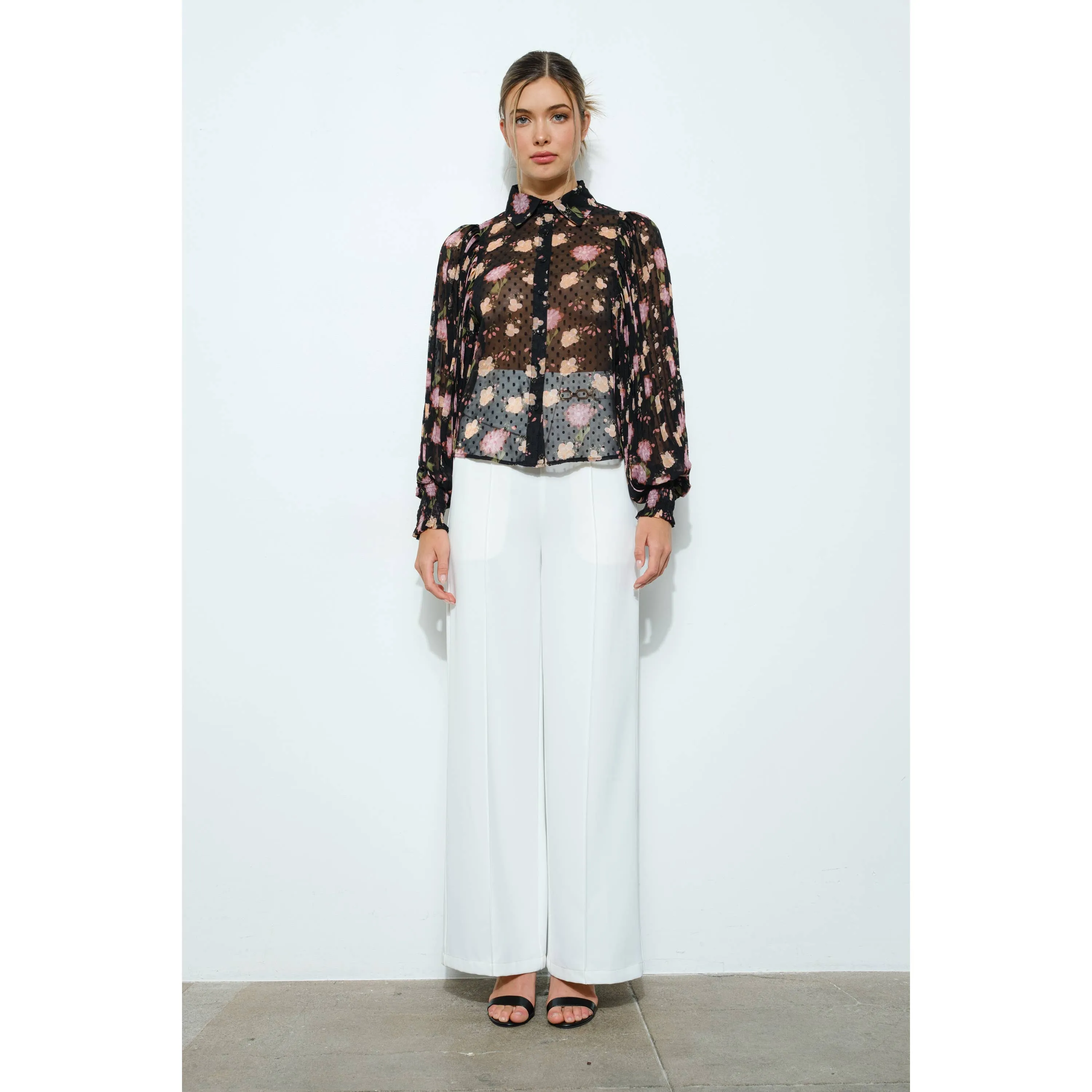 Long Pleated Sleeve Floral print Blouse Top