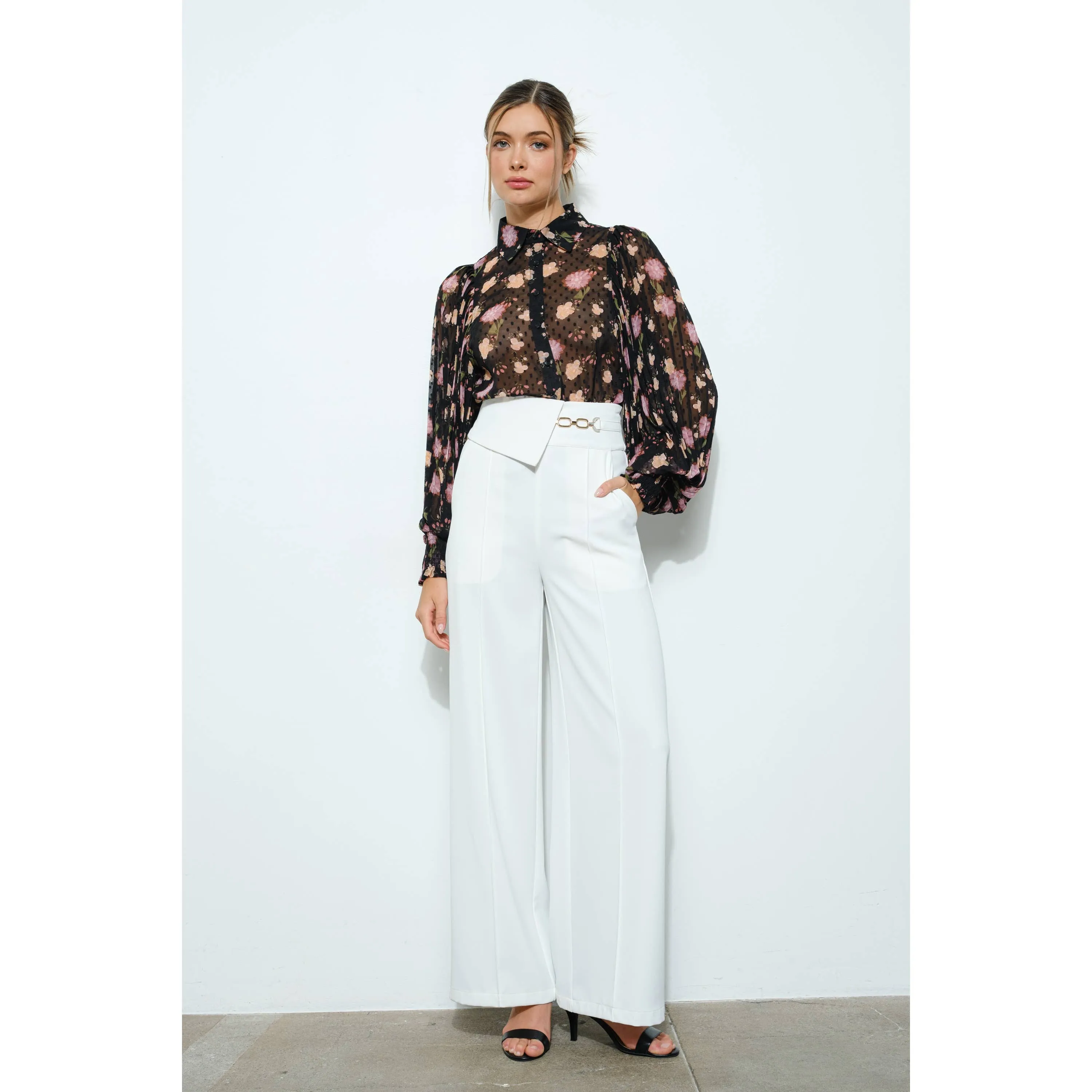 Long Pleated Sleeve Floral print Blouse Top