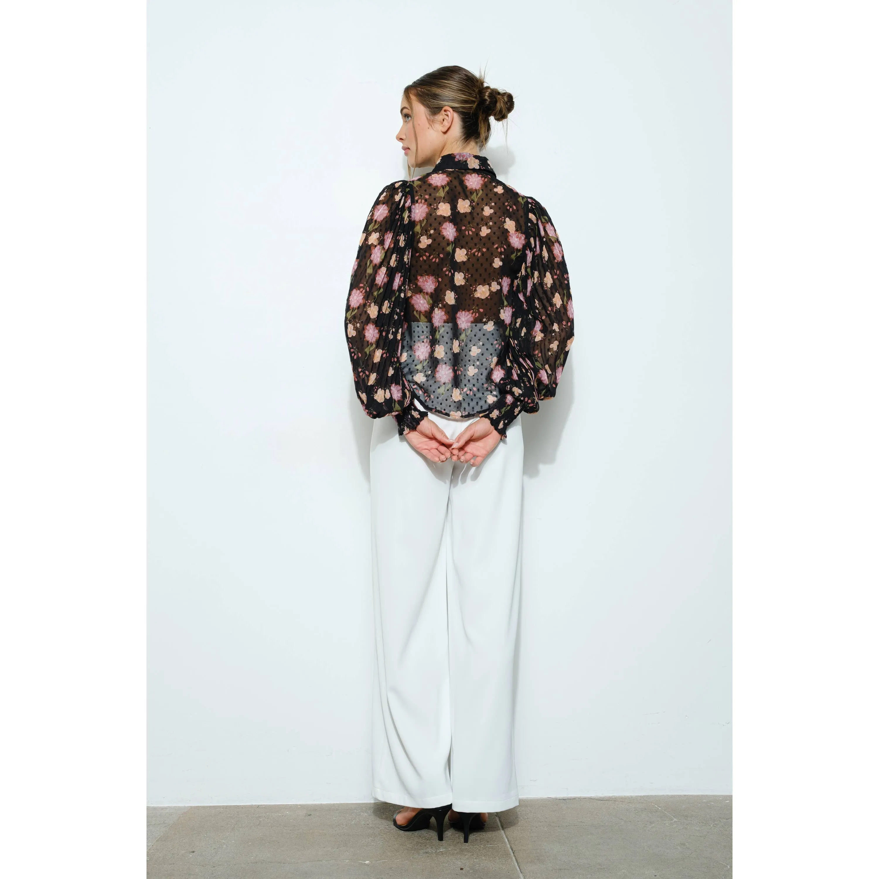 Long Pleated Sleeve Floral print Blouse Top