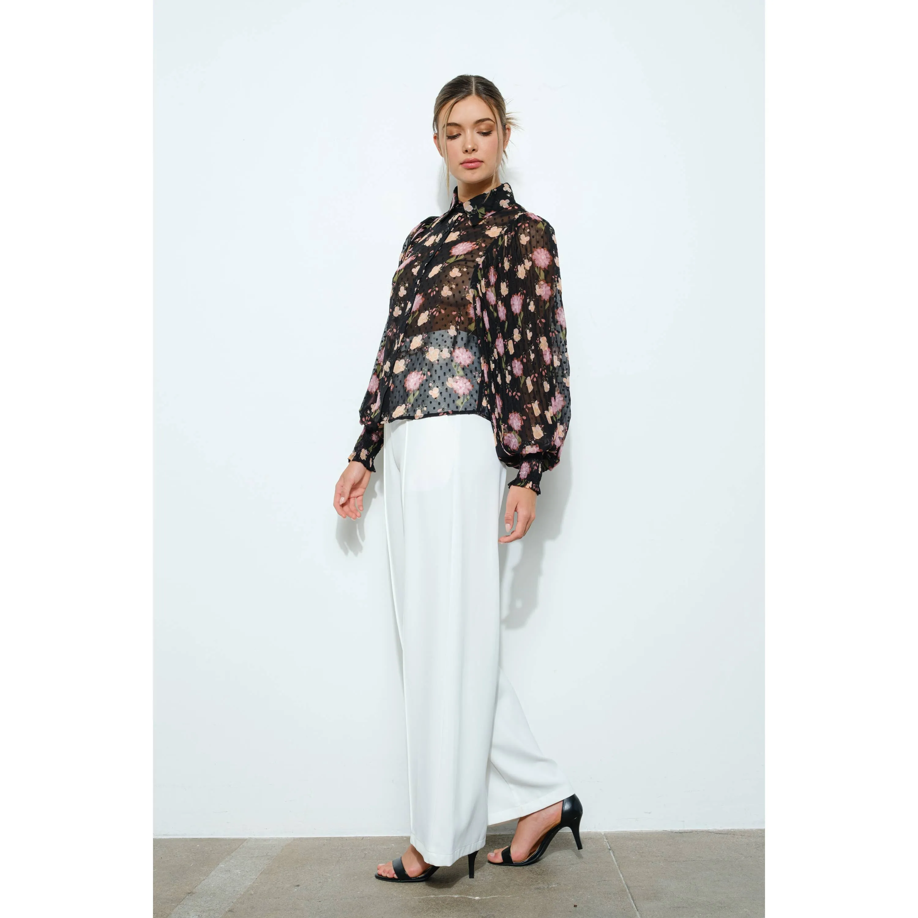 Long Pleated Sleeve Floral print Blouse Top