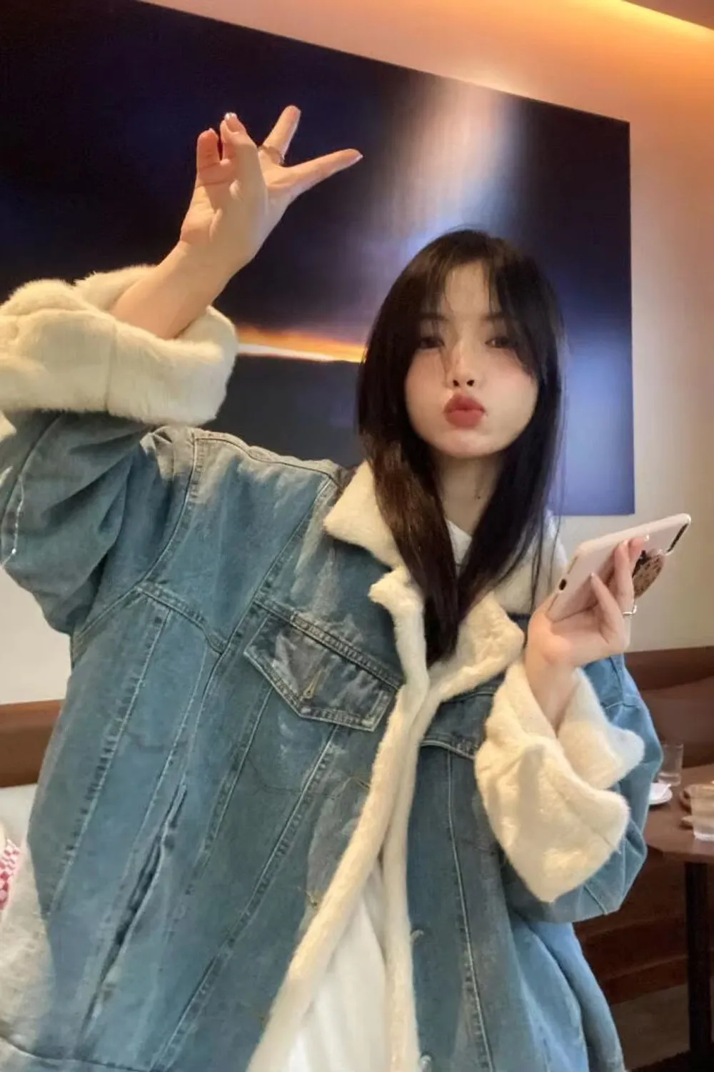 Long Sleeve Turn Down Collar Warm Denim Fleece Jacket
