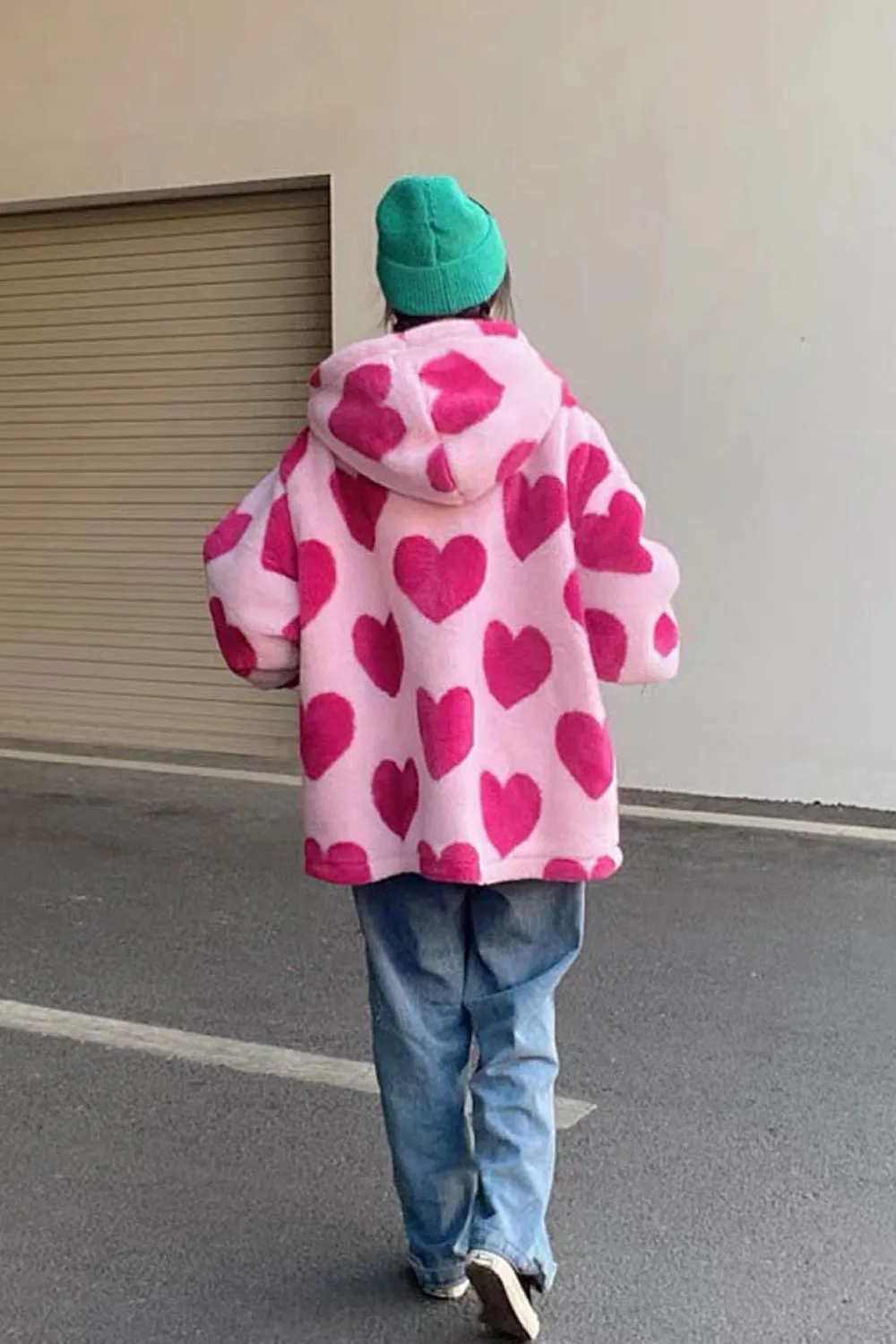 Loose Heart Pattern Warm Fleece Hoodie