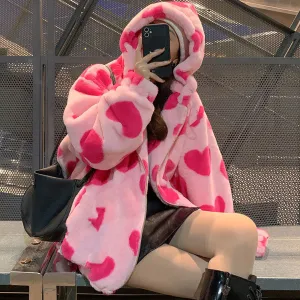 Loose Heart Pattern Warm Fleece Hoodie