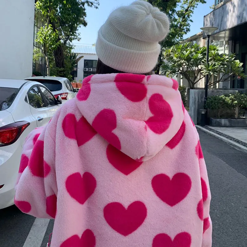 Loose Heart Pattern Warm Fleece Hoodie