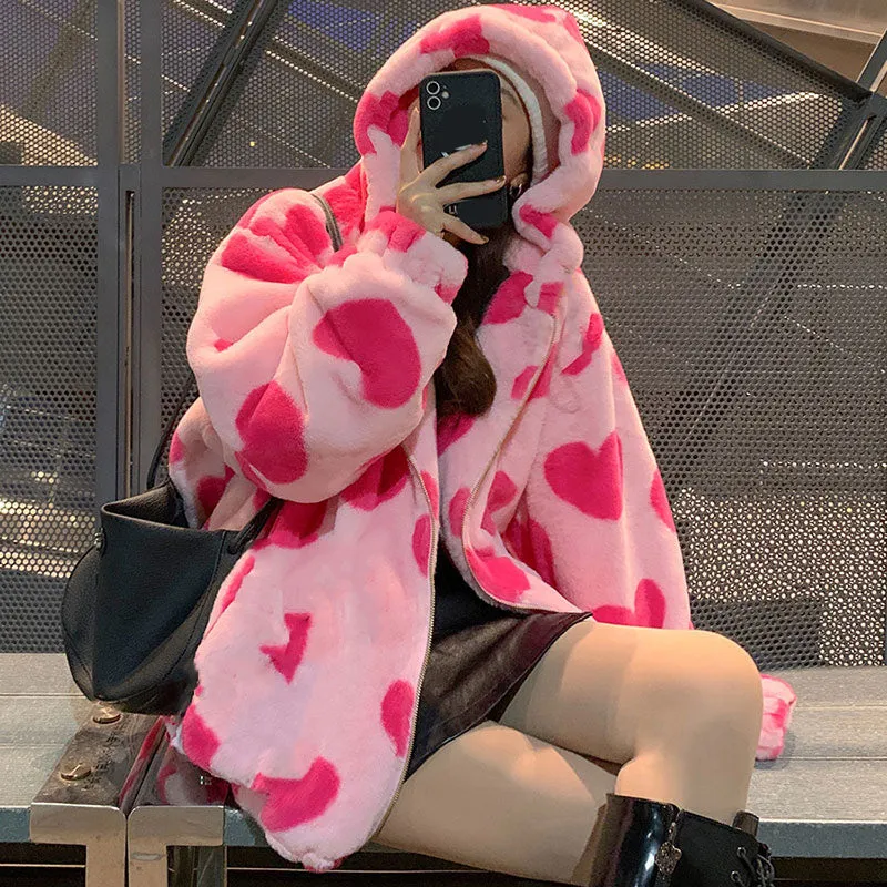 Loose Heart Pattern Warm Fleece Hoodie